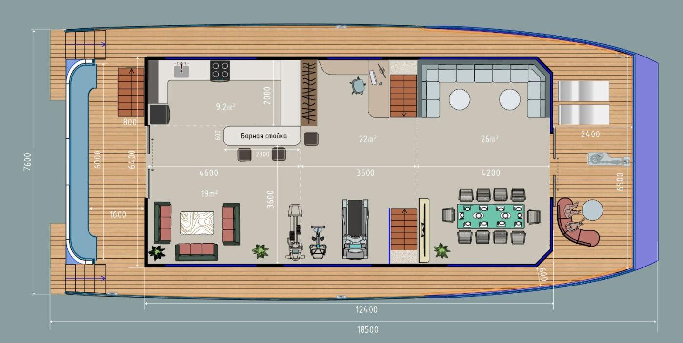 планировка главной палубы морского хаусбота Sea Voyager 18